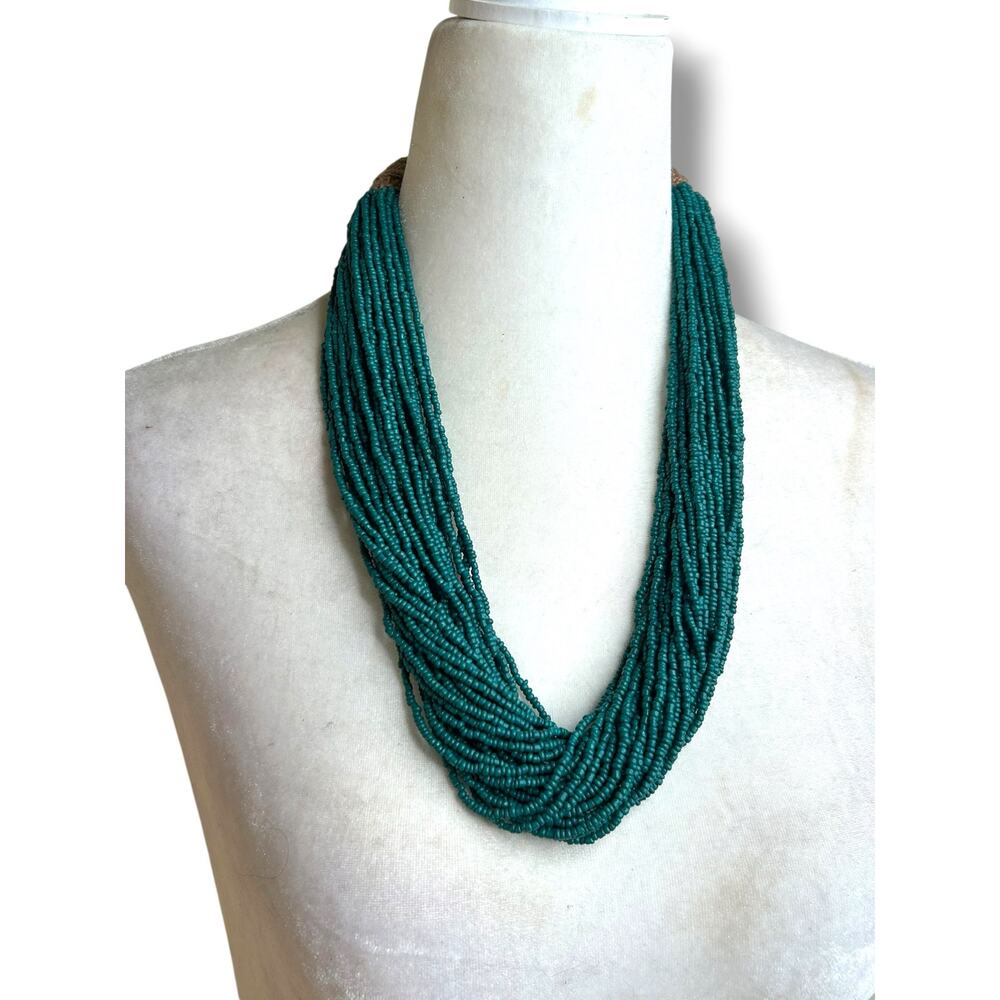 Vintage Teal Glass Seed Bead Necklace Multi Strand Crochet Button Clasp